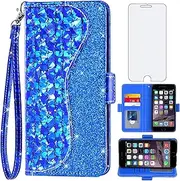 Asuwish Phone Case for iPhone 6plus 6splus 6/6s Plus Wallet Cover with Screen Protector and Flip Card Holder Bling Glitter Cell iPhone6 6+ iPhone6s 6s+ i 6P 6a S Six iPhone6splus Women Girls Blue