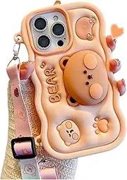 oleaumfilter for iPhone 12 Pro Max Case 3D Cute Cookie Bear Silicone Cover with 3D Bear Stand and Kawaii Shoulder Strap Kids Girls Soft Funny Shockproof TPU Case for iPhone 12 Pro Max 6.7''(Brown)