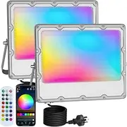 MEEKBOS 2-Pack RGB LED Flood Lights Outdoor,Color Changing Flood Lights,100W (800W Equivalent),10000LM, Works with Bluetooth App or 2.4G Remote,IP66 Waterproof,16 Million Colors, Timing, Music Sync