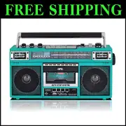 Portable Aqua Turquoise Boombox with Bluetooth, 3-Band EQ & Cassette Player