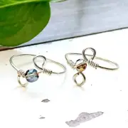 Dainty Faceted Glass Beaded Ring, Silver Wire Wrapped, Size 9.5