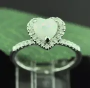 14k Solid White Gold Natural Australian Opal Natural Diamond Ring heart opal