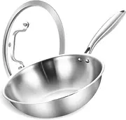 [LOLYKITCH] 10 Inch Tri-ply Stainless Steel Wok Pan with Lid,Dia.26 CM Stir-Frying Pan,Induction Cooking Pot,Heavy Duty,Dishwasher and Oven Safe,Riveted Handle.