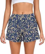 [FRODOTGV] Blue and Gold Leafs Women's Athletic Shorts with Pockets Running Shorts for Running Hiking Biking Jogging Walking S