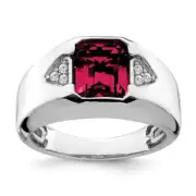 14K Solid White Gold Emerald-cut Lab Ruby Diamond Mens Ring