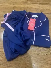 BNWT Peter Alexander Navy Blue Pink Trims Satin Winter Set - SIZE S (NO Box)