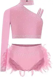 [Kvysinly] Kids Girls Shiny Rhinestone Latin Jazz Hip Hop Dance Crop Tops And Feather Skirted Briefs Set Dancewear