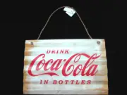 Coca-Cola Corrugated Tin Sign Drink Coca-Cola in Bottles Cream Rope Hanger