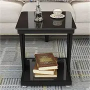 Side Table Tempered Glass Top Side Coffee Table Coffee Bistro Glass Table Outdoor Backyard Lawn Balcony Pool Square Table with Metal Frame End Table Furniture with Storage End Tables Living Room(Black
