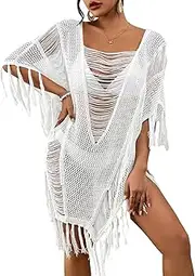 [Bsubseach] Sheer Bikini Cover Up for Women Fringe Hollow Out Swimsuit Coverups Sexy Beach Pool Bathing Suit Tassel Tops