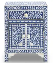 Bone Inlay Floral Design 1 Drawer and 2 Door Bedside Table in Dark Blue Color