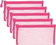 uxcell B6 Mesh Zipper Pouch Bags, 5 PCS Mesh Bags with Zipper Plastic Storage Pocket for Organizing File Beads Office Home Supplies, 11.5x23cm, Rose Red
