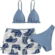 [Generisch] Bikini Girls Set of 3 Backless Top and Bikini Bottoms Swimsuit Pleated with Skirt Swimsuits Summer Swimwear with Floral Pattern Skin-Friendly Breathable Swimsuit Beach Swimwear