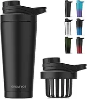 Greatyos Stainless Steel Shaker Bottle with Noise-Free Design - Patented 24 oz Insulated Metal Shakers Bottles Cup for Protein Mixes and Pre Workout 100% Leak Proof (Black)