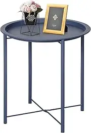 VECELO Side/End Table, Folding Round Metal Anti-Rust and Waterproof Outdoor or Indoor Tray for Living Room Bedroom Balcony and Office, 1 PCS, Blue