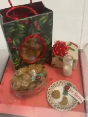 Dollhouse Christmas Lot Gift bag w/ bear, Santa cookies w/milk, gift box, cookie