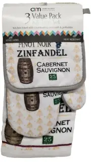 3pc SET:1 POT HOLDER,1 TOWEL & 1 OVEN MITT, WINE & GRAPES,MENU & WINE TYPES, AM