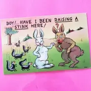 Circa 1940 Vintage Artist Postcard Humor Raising A Stink Ashville Bunnies Linen