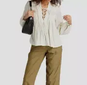 $275 Rag & Bone Women's Green Pleat Lace-Up Cotton Top Size XS