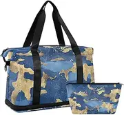 Golden Blue Pattern Gym Tote Bag Large Carry On Bag with Adjustable Strap for Workout 2 Pcs Set, golden blue pattern, 1 size