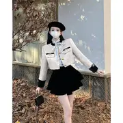 Stand Collar Velvet Panel Tweed Crop Single Breasted Jacket / High Waist Plain Tiered Velvet Mini A-Line Skirt / Long-Sleeve Stand Collar Lettering Print Tie Front Ruffle Blouse Jacket - Almond - L