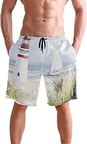 [XYMZR] Lighthouse Beach Vintage Men's Swim Trunks Quick-Dry Bathing Suit Swimming Board Shorts S