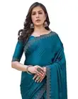Women's Satin Hot Fixing Stone Work Border Saree With Unstitched Blouse Teal Blu
