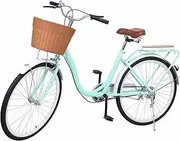 qofezuey 26 Inch Adult Cruiser Bicycle Beach Cruiser Bike Commuter Bike with Basket Hybrid Cruiser Bike 7 Speed Adjustable Seat Urban Bike with Front Rear V Brake for Women Men