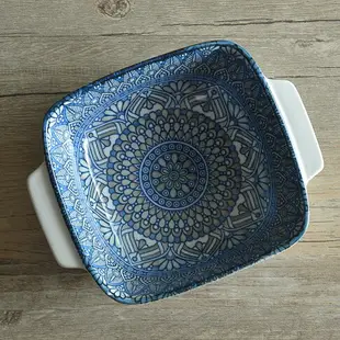 6寸日式釉下彩陶瓷方形碗雙耳碗早餐麥片碗湯碗沙拉碗甜品碗烤碗