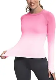 [MathCat] Long Sleeve Workout Tops for Women, Gradient Running Athletic Shirts, Seamless Breathable Tops with Thumb Holes