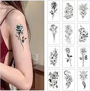 Womaha 12 Sheets Black and White Flower Temporary Tattoos for Women and Girls Fake Tattoo Stickers