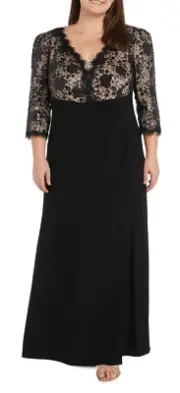 R&M Richards Gown Size 10 Black Beige Lace 3/4 Sleeve Maxi Front Slit Sequined