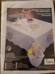 TOBIN Stamped Tablecloth for Embroidery-SUMMER BOUQUET- 58x86" Oval NOS