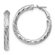 14K White Gold 4X25 D/C Round Omega Back Hoop Earrings