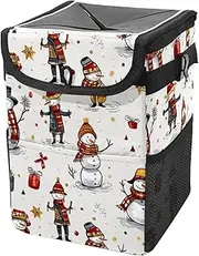 Car Trash Can with Lid and Storage Pockets Leak-Proof Organizer,Multipurpose Trash Bin for Car,Cartoon Cute Snowmen