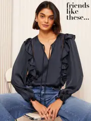 Friends Like These Navy Long Sleeve Ruffle Trim Tie Front Blouse (AK0119) | $81