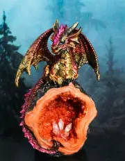 Metallic Red Iridescent Dragon On Faux Geode Rock Quartz Crystal Cove Figurine