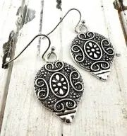 Ornamental Engraved Silver Teardrop Earrings