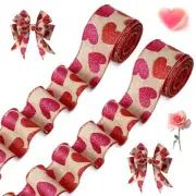 2 Roll 20 Yards Glitter Hearts Wired Edge Burlap Valentine Ribbon Valentine's...