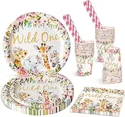 First Party Tableware Set for 24 People, 120Pcs Paper Birthday Dinnerware Set, Wild ONE Year Girl Party Tableware with Animals Jungle Safari for Kids, Party Plates Napkins Cups Straws Party Supplies