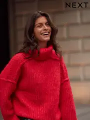 Red Chunky Rib High Roll Neck Knitted Jumper with Alpaca (E16235) | $48
