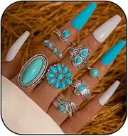 [Meztole] Turquoise Rings for Women Bohemian Turquoises Ring Set Vintage Western Rings for Finger Stackable Knuckle Ring Western Jewelry