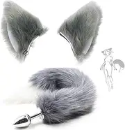 Long Grey Fluffy Faux Fox Tail & Headband An-âl Pl-ùg Kit Costume Masquerade Party Cosplay Prop, 3Pcs / Set