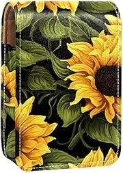 Lipstick Case,Leather Lip Gloss Lipstick Organizer with Mirror,Mini Lipstick Holder Bag,Blooming Sunflower