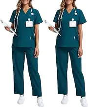 [Cutecrop] 2 Pack Scrubs for Women Set Stretch V Neck Top and Cargo Pants Scrubs Set with 9 Pockets Medical Uniform Scrubs (Caribbean Blue,M)