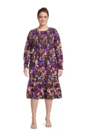 TERRA & SKY Women's 4X Peasant Tiered Long Sleeve Midi Dress • Violet Mulberry