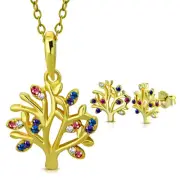 925 Sterling Silver Colorful Tree of Life Pendant Earrings Set