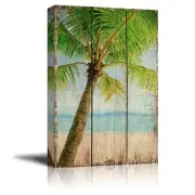 Wall26 - Palm Tree Over Wooden Panels - Canvas Wall Art Print Home Decor - 12x18