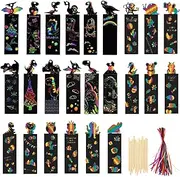 108 Pcs Rainbow Scratch Art Bookmarks with Ribbon and Bamboo Stylus, Colorful Art DIY Bookmarks for Classroom Activities Birthday Gifts