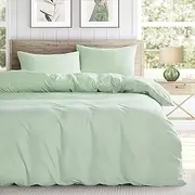 Wake In Cloud - Sage Green Quilt Cover Set, 1000TC Ultra Soft Microfiber Doona Cover Bedding Set in Solid Plain Color (3pcs, Queen Size)